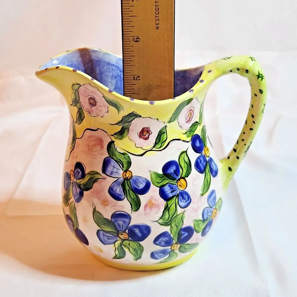 Hand Painted Floral Ceramic Pitcher Vase Signed Laura 97 Yellow Blue Pink
